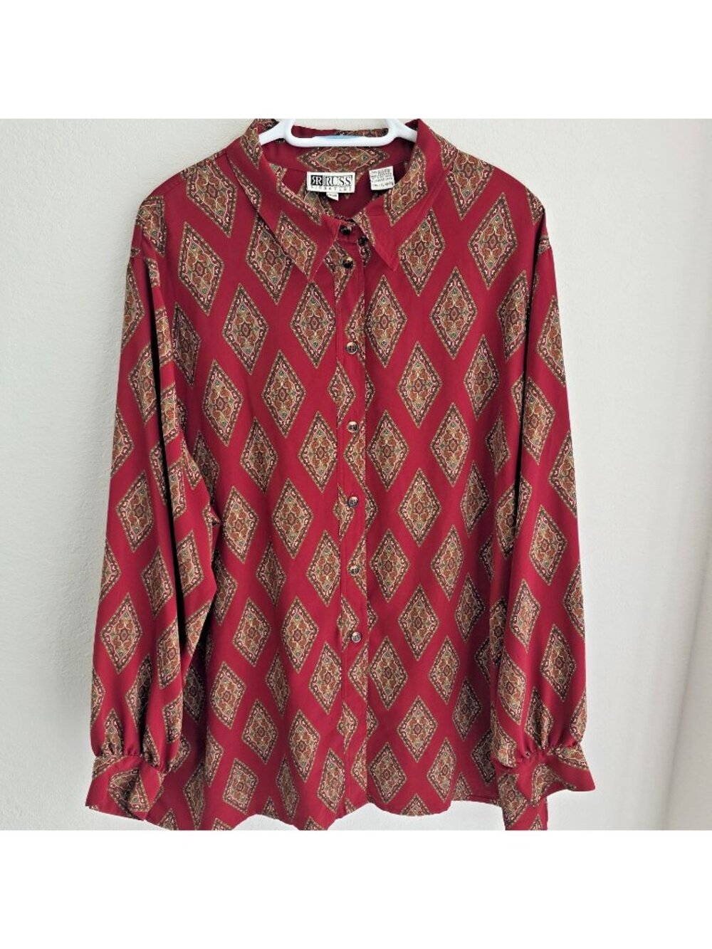 Vtg Russ Signature Red Geometric Diamond Print Button Up Blouse Top Boho 20W